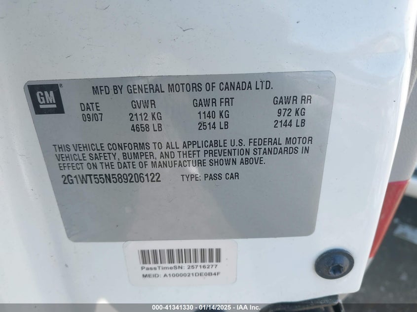 2008 CHEVROLET IMPALA VIN: 2G1WT55N589206122