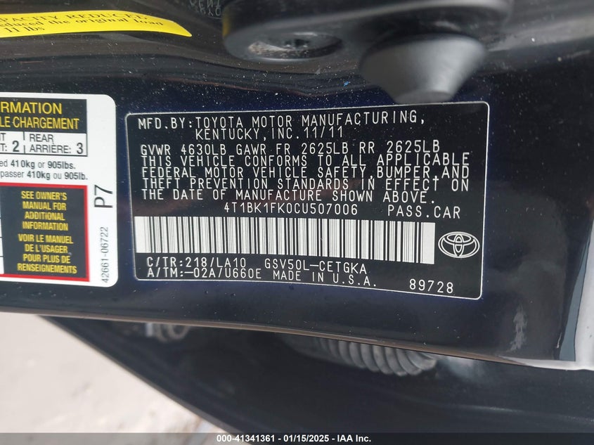 2012 TOYOTA CAMRY VIN: 4T1BK1FK0CU507006
