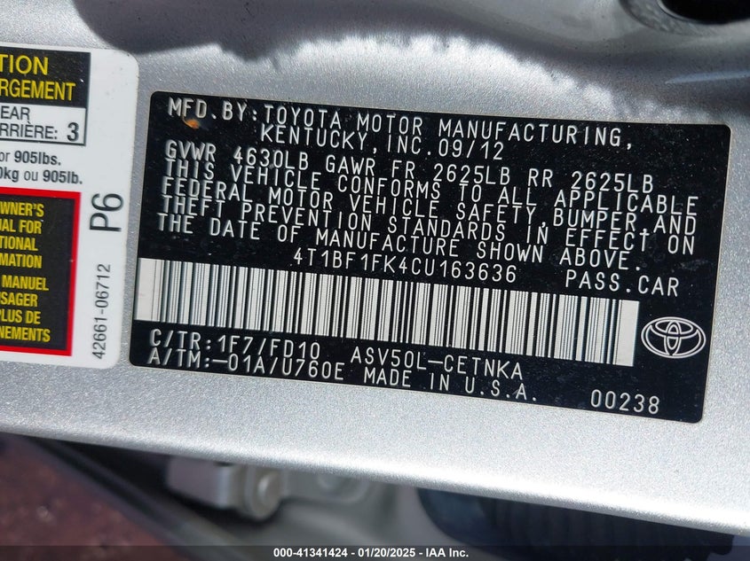 2012 TOYOTA CAMRY VIN: 4T1BF1FK4CU163636