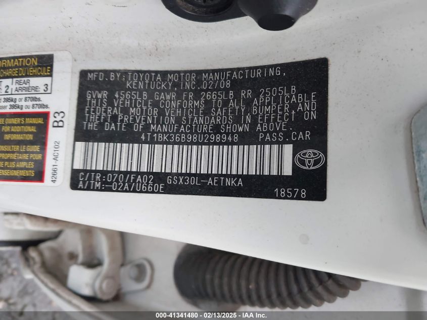 2008 Toyota Avalon Xl VIN: 4T1BK36B98U298948 Lot: 41341480