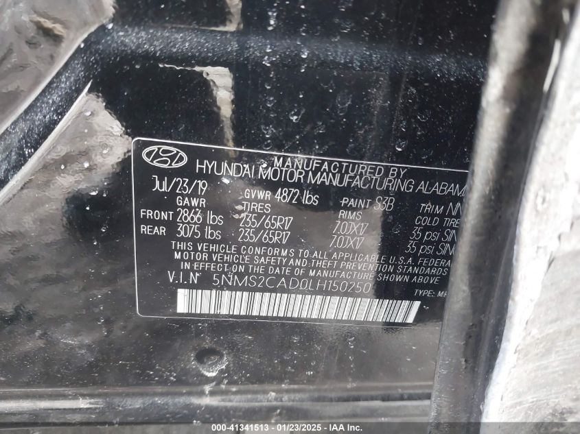 VIN 5NMS2CAD0LH150250 2020 Hyundai Santa Fe, SE no.9