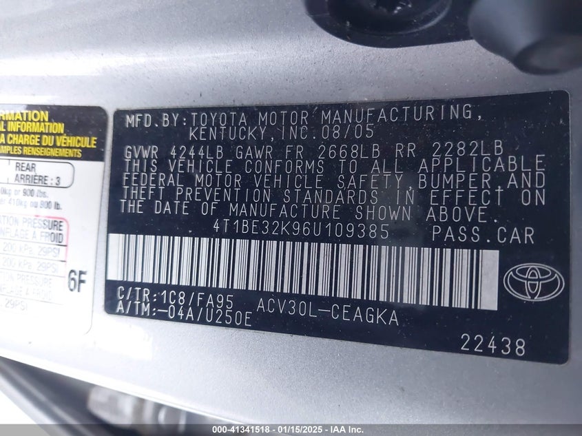 2006 TOYOTA CAMRY VIN: 4T1BE32K96U109385