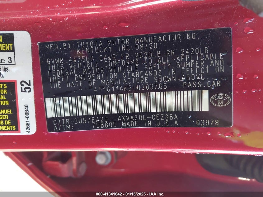 2020 TOYOTA CAMRY VIN: 4T1G11AK3LU383765