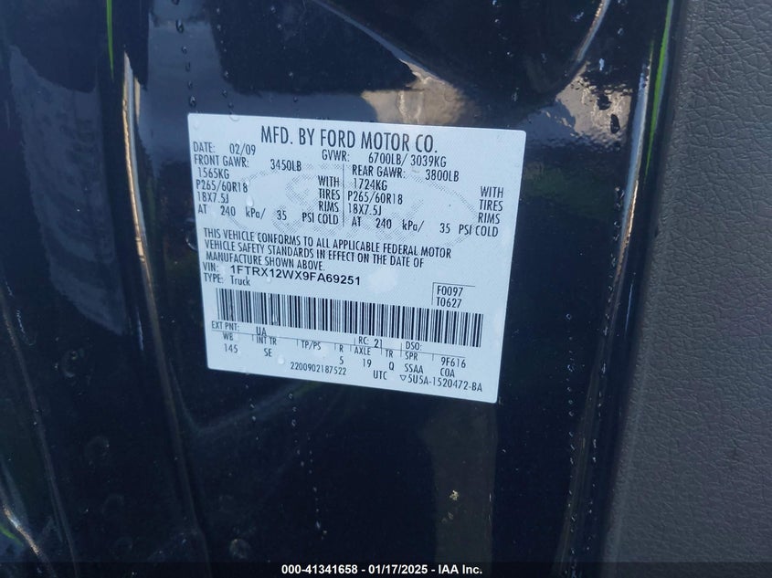 2009 FORD F150 VIN: 1FTRX12WX9FA69251