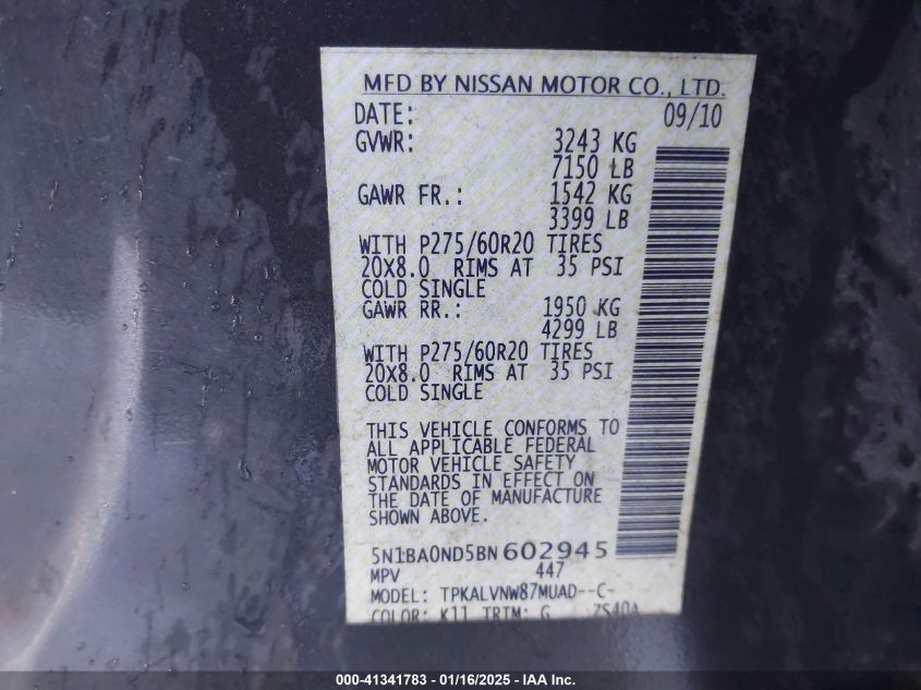 2011 Nissan Armada Sl VIN: 5N1BA0ND5BN602945 Lot: 41341783