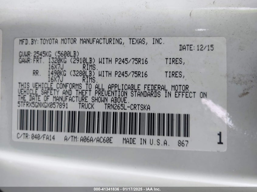2016 TOYOTA TACOMA VIN: 5TFRX5GNXGX057891