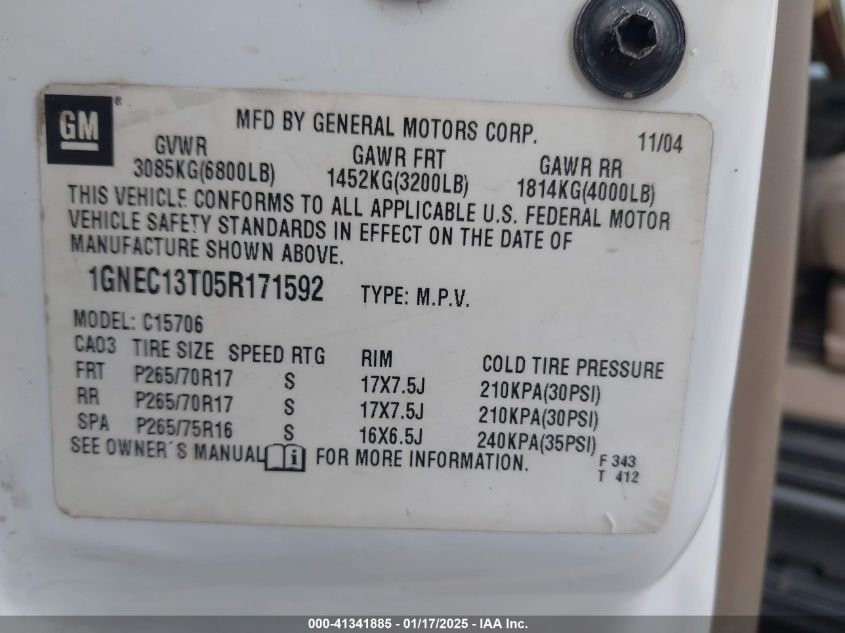 2005 Chevrolet Tahoe Z71 VIN: 1GNEC13T05R171592 Lot: 41341885
