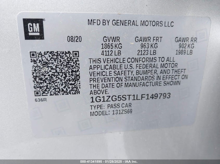 2020 CHEVROLET MALIBU VIN: 1G1ZG5ST1LF149793