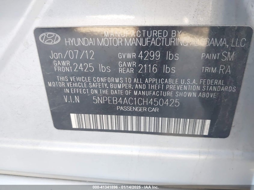 2012 HYUNDAI SONATA VIN: 5NPEB4AC1CH450425