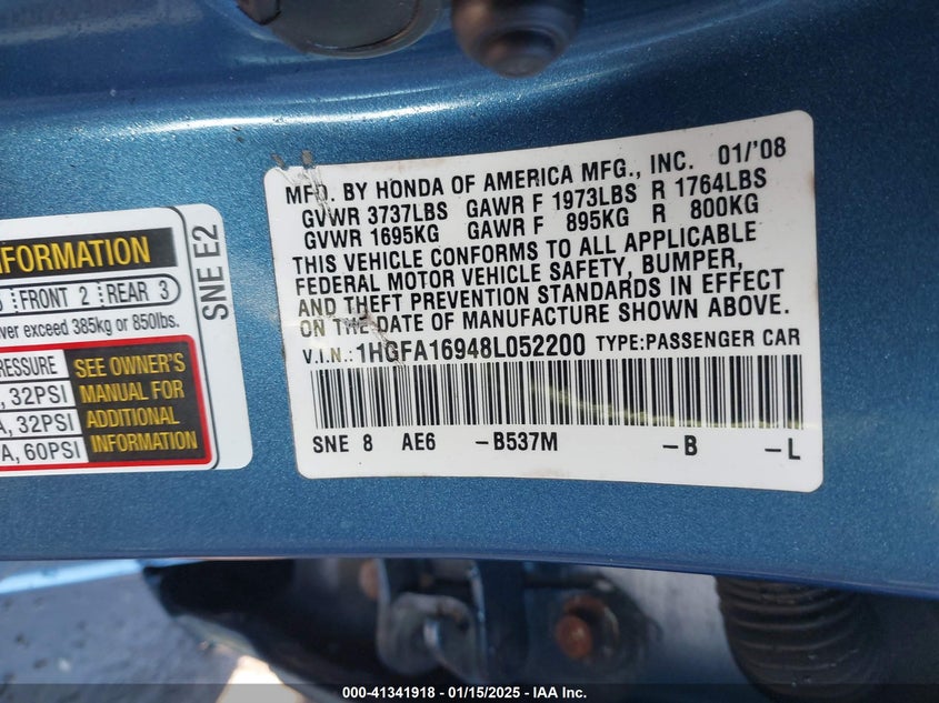 2008 HONDA CIVIC VIN: 1HGFA16948L052200