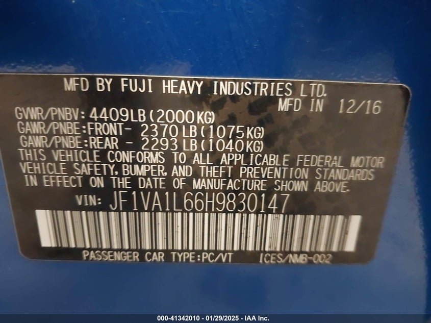 2017 SUBARU WRX VIN: JF1VA1L66H9830147