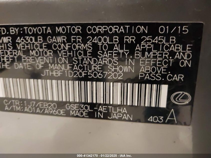2015 Lexus Is 250 VIN: JTHBF1D20F5067202 Lot: 41342170