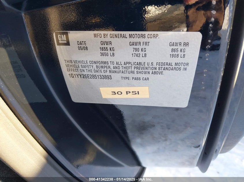 2008 CHEVROLET CORVETTE VIN: 1G1YY26E285133893