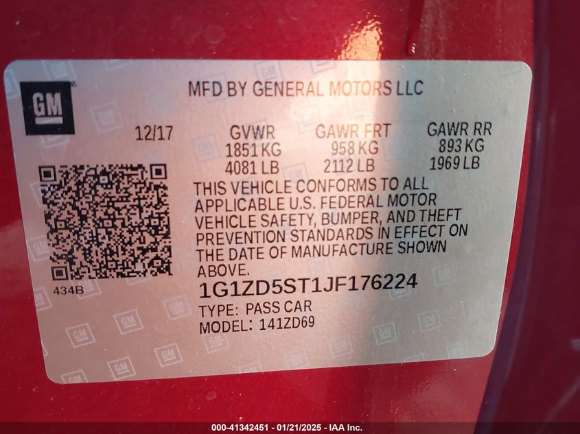 2018 CHEVROLET MALIBU VIN: 1G1ZD5ST1JF176224