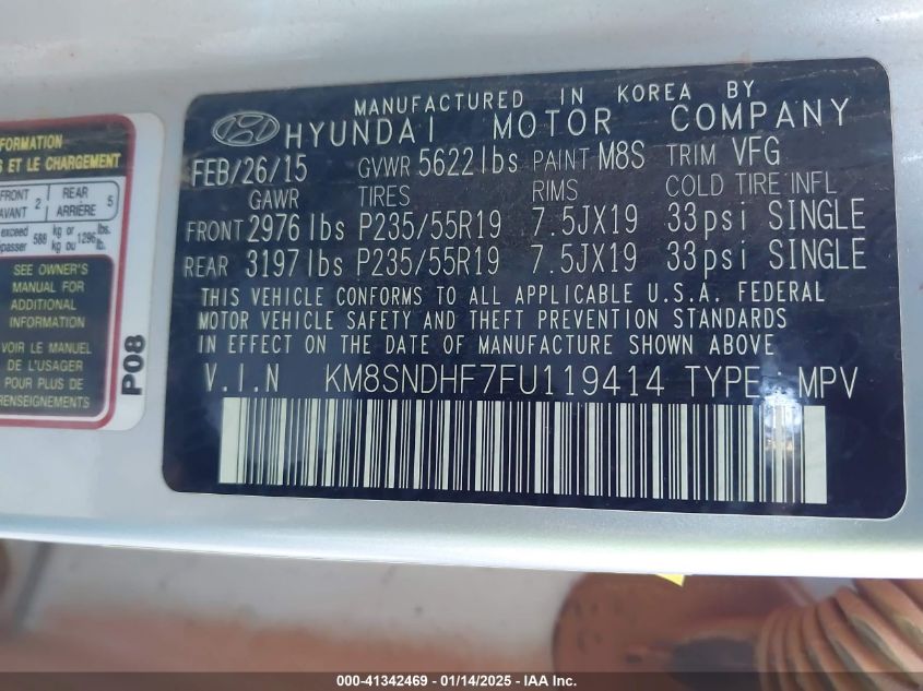 VIN KM8SNDHF7FU119414 2015 HYUNDAI SANTA FE no.9