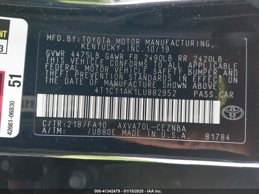 2020 TOYOTA CAMRY VIN: 4T1C11AK1LU882952