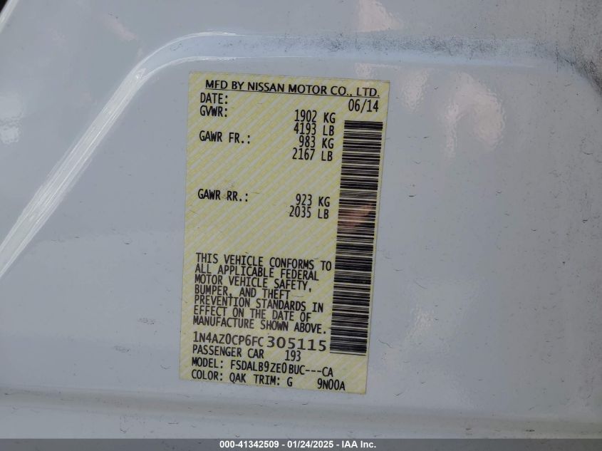 2015 Nissan Leaf S VIN: 1N4AZ0CP6FC305115 Lot: 41342509