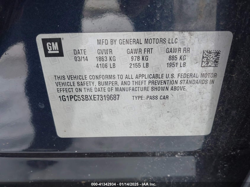 2014 CHEVROLET CRUZE VIN: 1G1PC5SBXE7319687