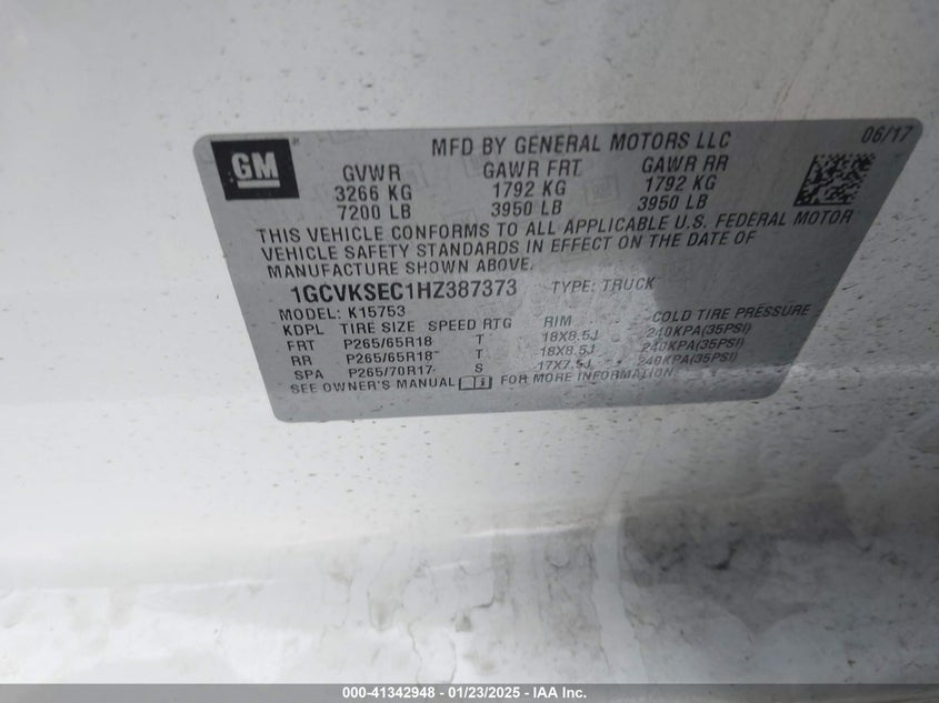 2017 CHEVROLET SILVERADO 1500 VIN: 1GCVKSEC1HZ387373