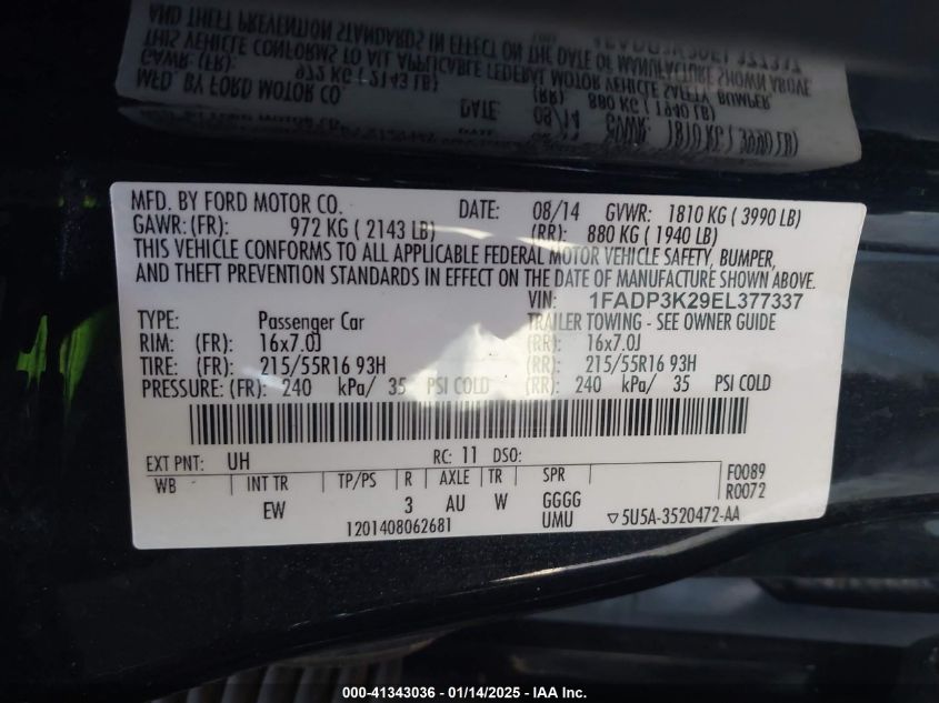 VIN 1FADP3K29EL377337 2014 Ford Focus, SE no.9