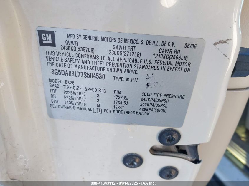 2007 Buick Rendezvous Cxl VIN: 3G5DA03L77S504530 Lot: 41343112