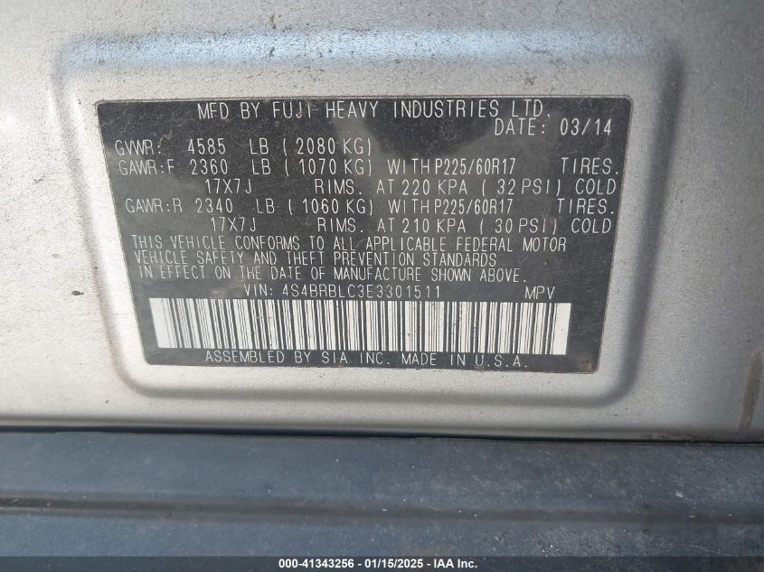 VIN 4S4BRBLC3E3301511 2014 SUBARU OUTBACK no.9