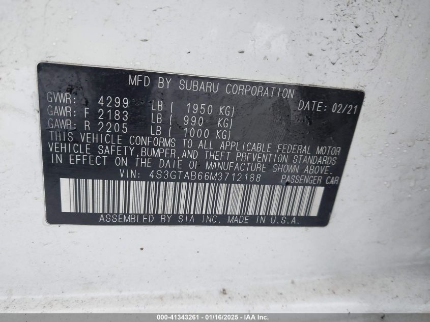 2021 Subaru Impreza 5-Door VIN: 4S3GTAB66M3712188 Lot: 41343261