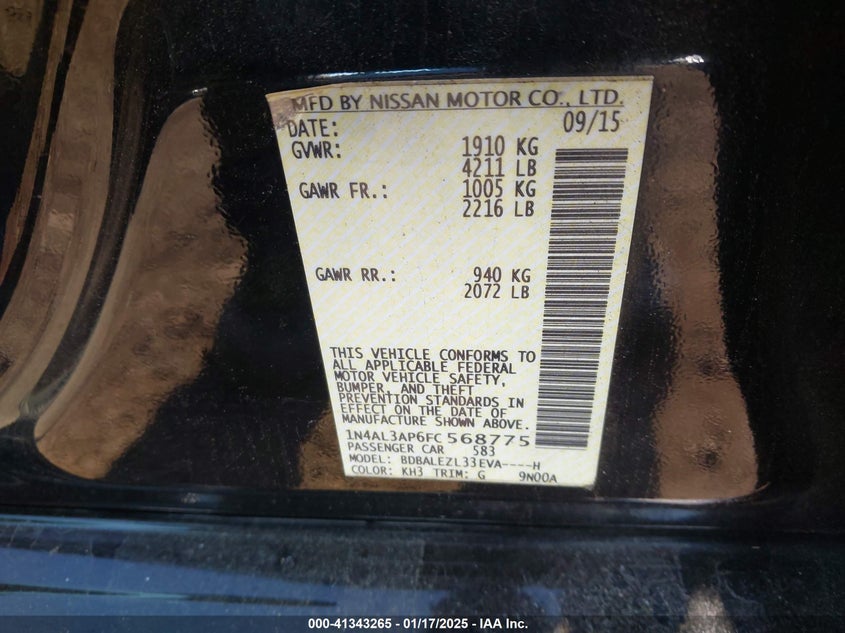 2015 NISSAN ALTIMA VIN: 1N4AL3AP6FC568775