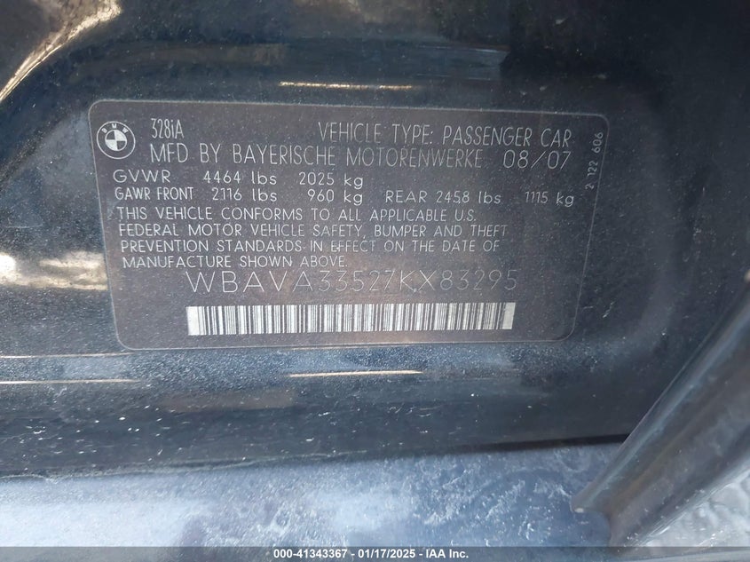 2007 BMW 328 VIN: WBAVA33527KX83295