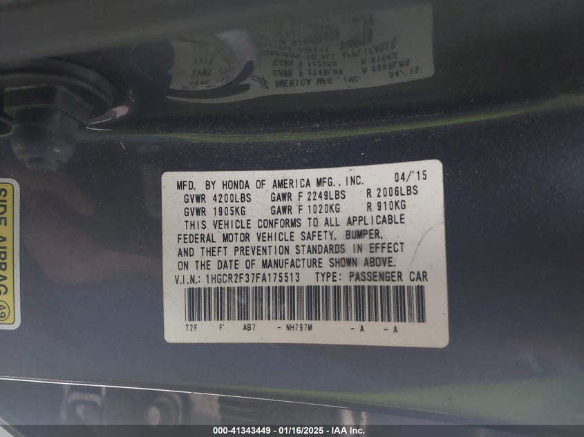 2015 HONDA ACCORD VIN: 1HGCR2F37FA175513