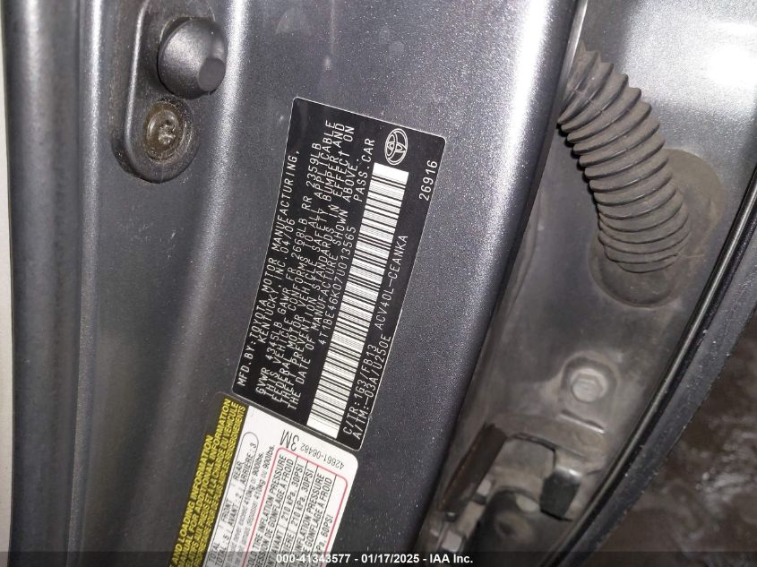 2007 Toyota Camry Le VIN: 4T1BE46K07U013565 Lot: 41343577