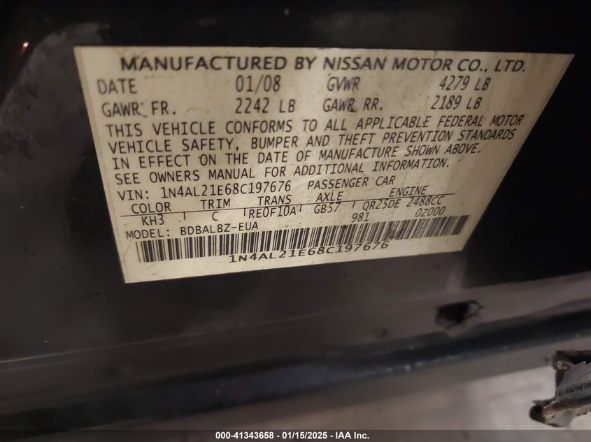 2008 NISSAN ALTIMA VIN: 1N4AL21E68C197676