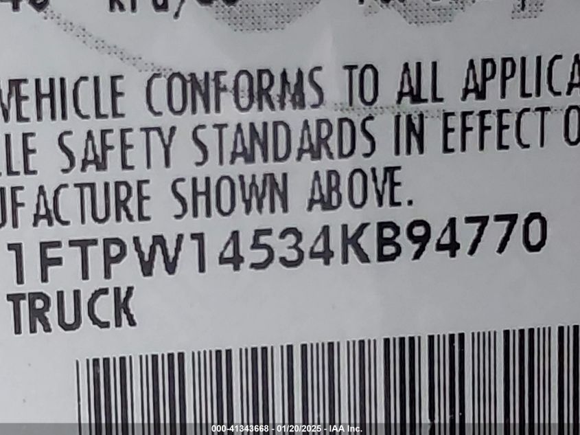 2004 Ford F-150 VIN: 1FTPW14534KB Lot: 41343668