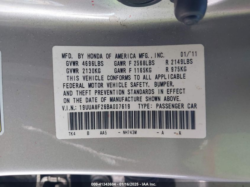 2011 Acura Tl 3.5 VIN: 19UUA8F26BA007619 Lot: 41343684