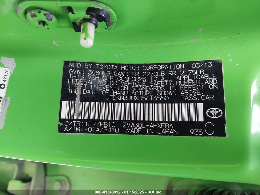 2013 TOYOTA PRIUS VIN: JTDKN3DUXD5616550