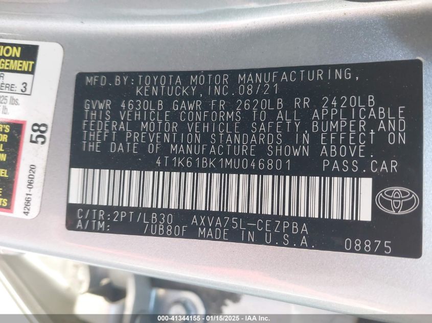 VIN 4T1K61BK1MU046801 2021 Toyota Camry, Xse Awd no.9