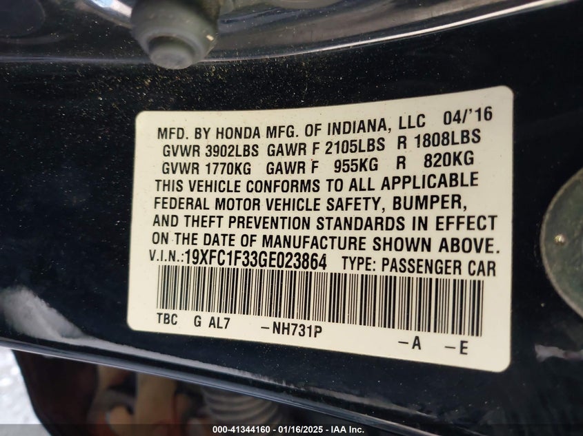 2016 HONDA CIVIC VIN: 19XFC1F33GE023864