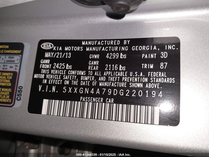 2013 KIA OPTIMA VIN: 5XXGN4A79DG220194