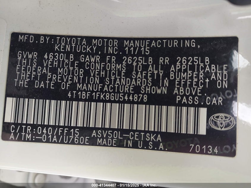 2016 TOYOTA CAMRY VIN: 4T1BF1FK8GU544878