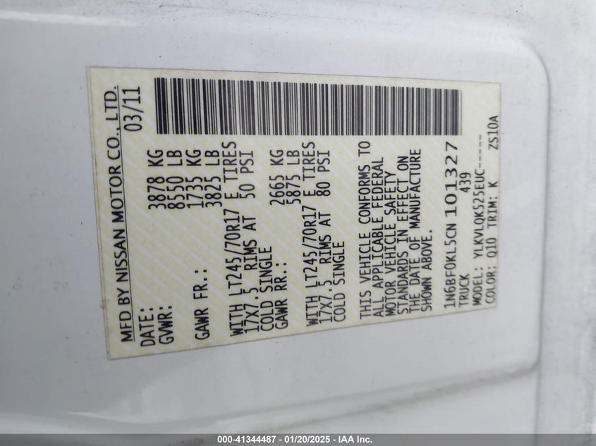 2012 Nissan Nv 1500/2500 VIN: 1N6BF0KL5CN101327 Lot: 41344487