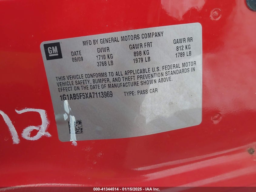 2010 CHEVROLET COBALT VIN: 1G1AB5F5XA7113969