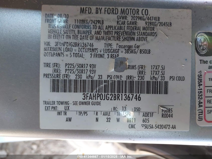 2011 FORD FUSION VIN: 3FAHP0JG2BR136746