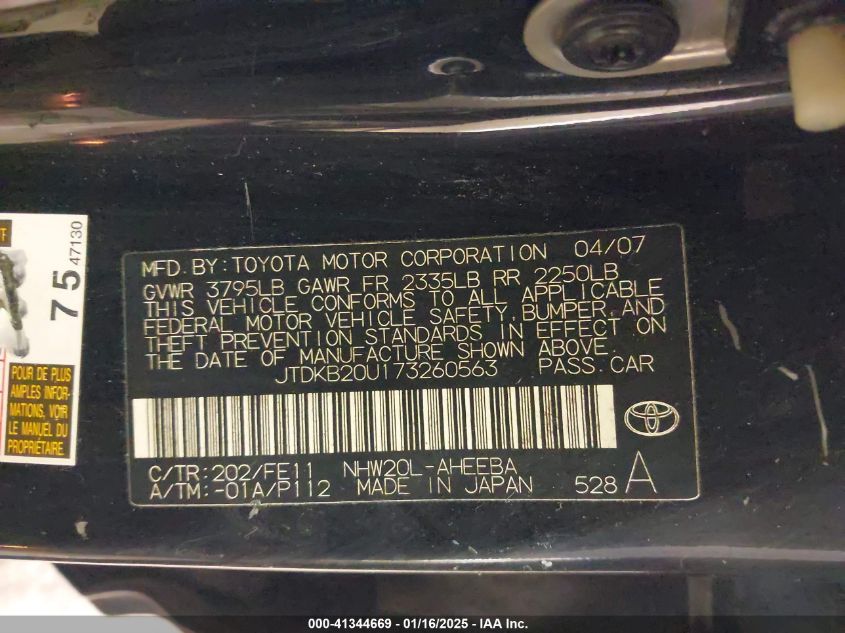 2007 Toyota Prius VIN: JTDKB20U173260563 Lot: 41344669