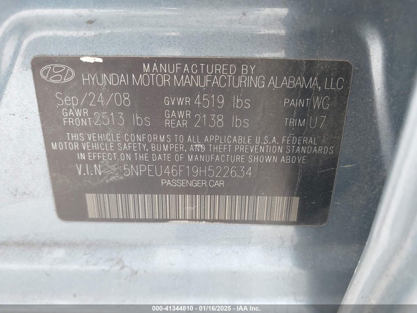 2009 HYUNDAI SONATA VIN: 5NPEU46F19H522634