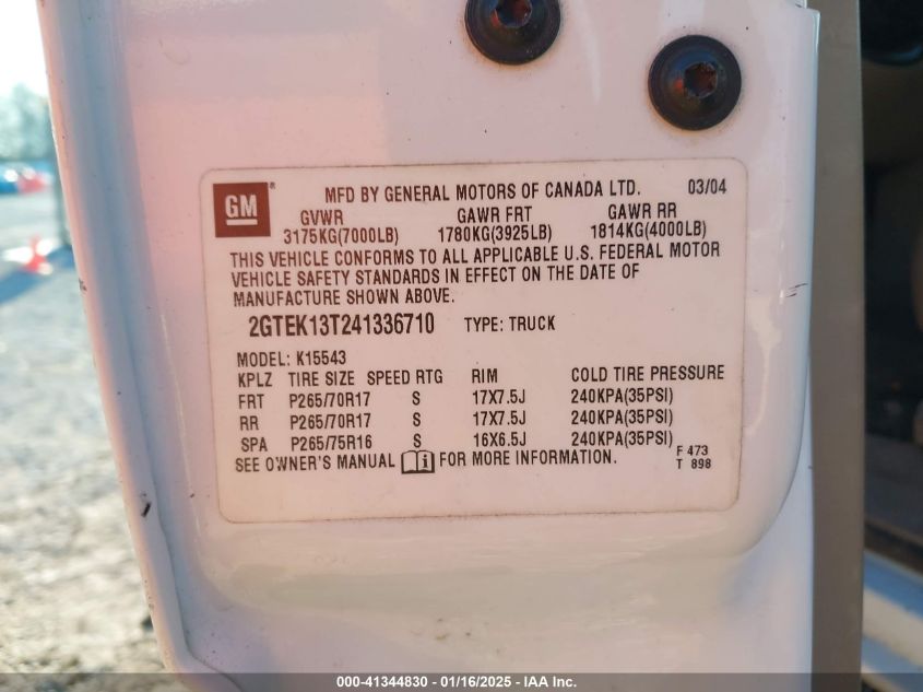 2004 GMC Sierra 1500 Slt VIN: 2GTEK13T241336710 Lot: 41344830
