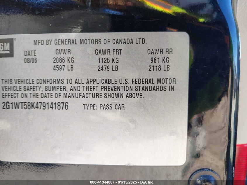 2007 CHEVROLET IMPALA VIN: 2G1WT58K479141876