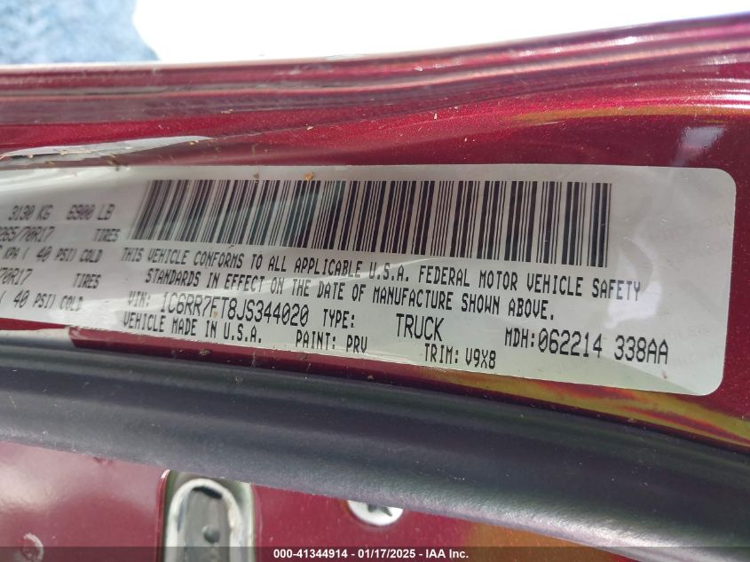 2018 Ram 1500 Tradesman 4X4 6'4 Box VIN: 1C6RR7FT8JS344020 Lot: 41344914