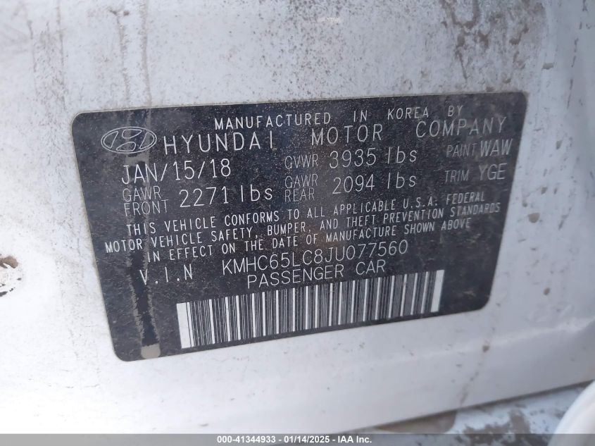 VIN KMHC65LC8JU077560 2018 Hyundai Ioniq, Hybrid Blue no.9