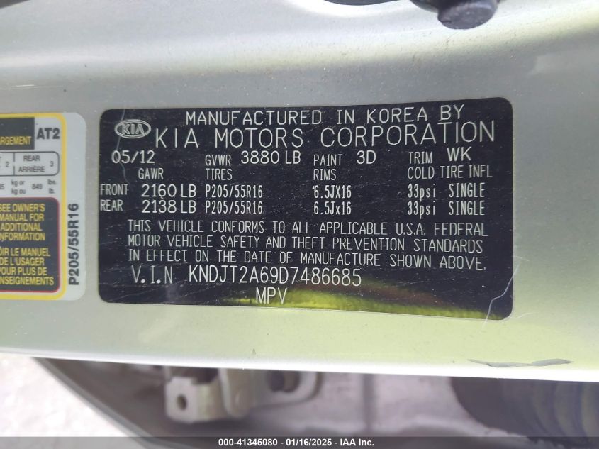 VIN KNDJT2A69D7486685 2013 KIA Soul, + no.9