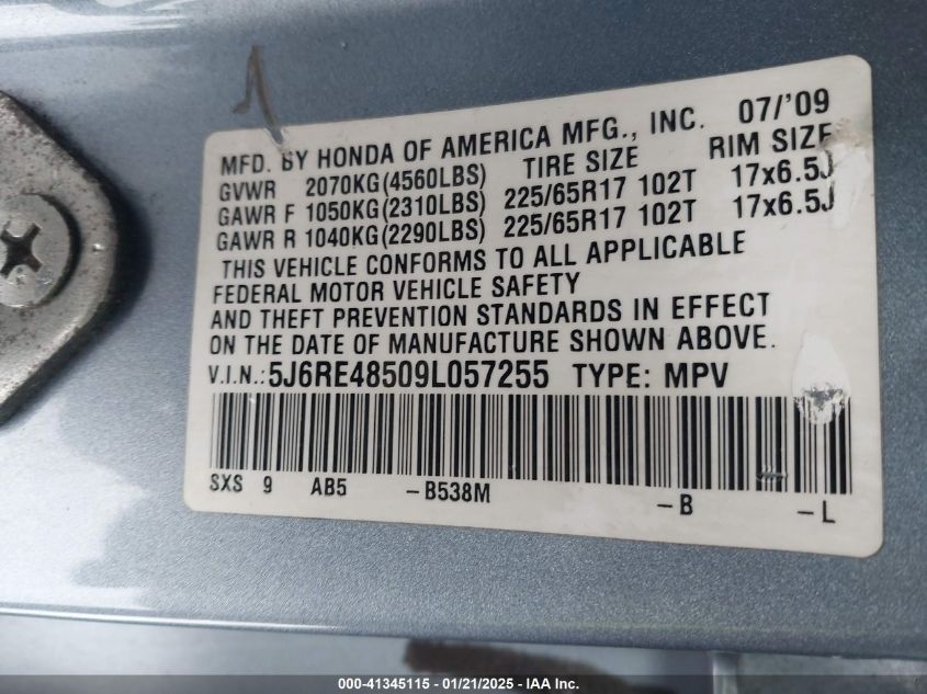 2009 Honda Crv VIN: 6J6RE48509L057255 Lot: 41345115